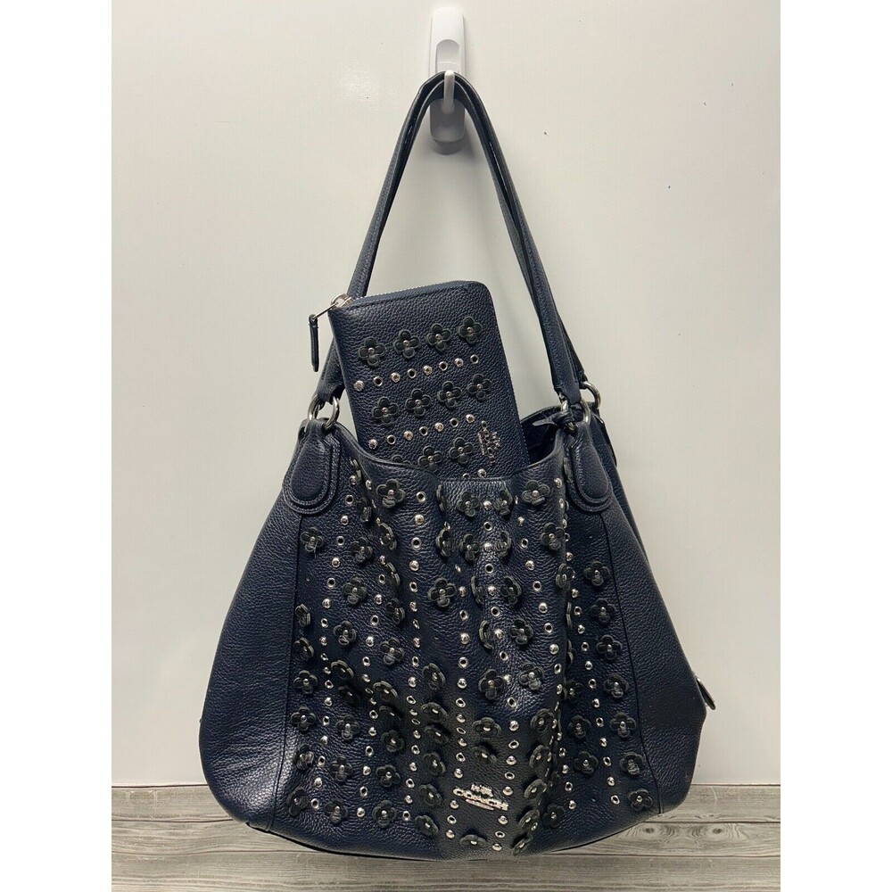 Coach Edie 31 Leather Shoulder Bag in Floral Rivets Navy Blue Handbag & Wallet